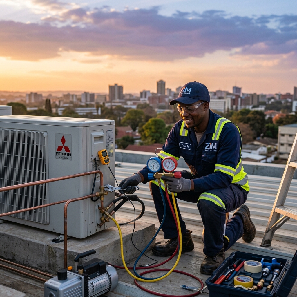 HVAC-R technician servicing an air conditioning unit in Zimbabwe